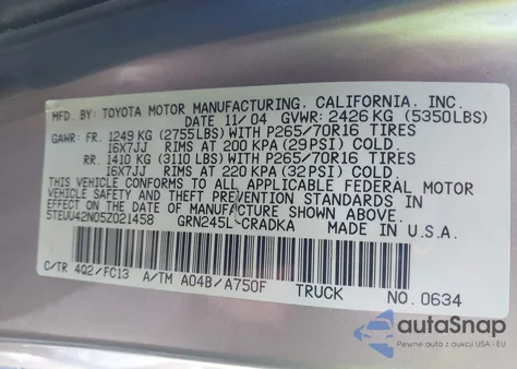 2005 Toyota Tacoma Base V6 from USA, damaged, VIN 5TEUU42N05Z021458